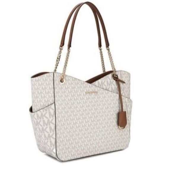 Michael Kors NWT Large Jet Set Travel Tote Handbag Signature Vanilla Gold Chain - Picture 2 of 12